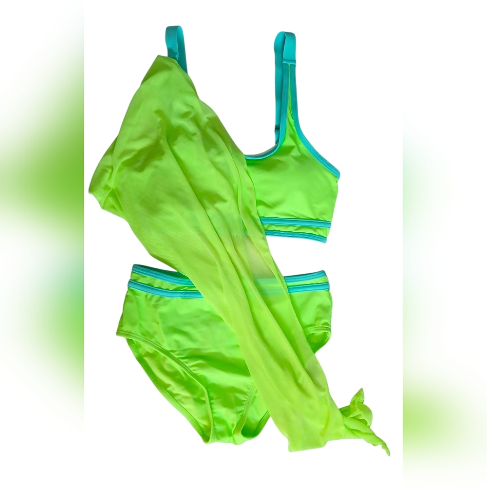 Girl's 2-Piece Swimsuit + Wrap-NWOT Neon Green With Blue Trim- Size 13-14 Years